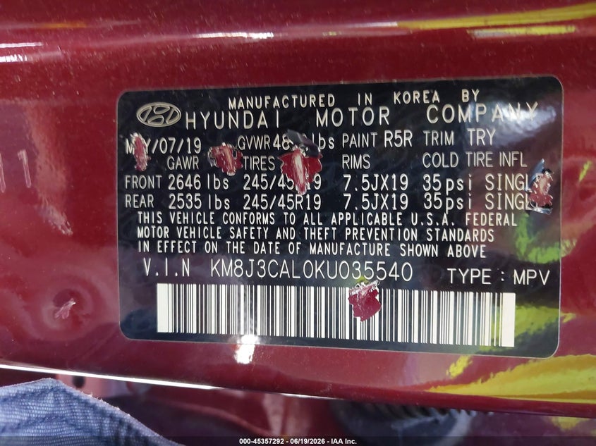 2019 Hyundai Tucson VIN KM8J3CAL0KU035540 IAAI salvage auction — FRONT END, Salvage (Ohio), sold $2,500 on 2026-07-13 (photo 9)