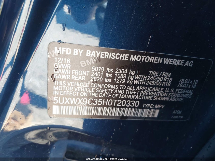 2017 BMW X3 VIN 5UXWX9C35H0T20330 IAAI salvage auction — FRONT END, Clear (Virginia), sold $25 on 2026-07-27 (photo 9)