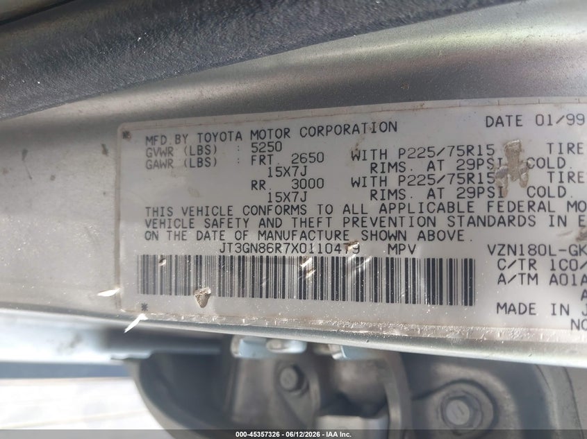 1999 Toyota 4runner VIN JT3GN86R7X0110479 IAAI salvage auction — RIGHT FRONT, Salvage (South Carolina), sold $400 on 2026-07-24 (photo 9)