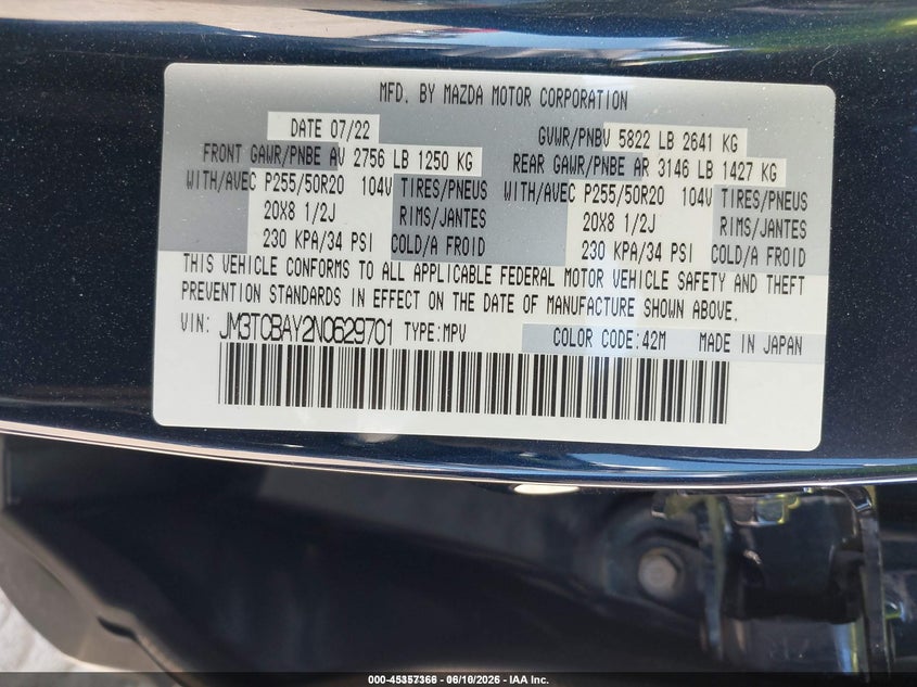 2022 Mazda Cx-9 VIN JM3TCBAY2N0629701 IAAI salvage auction — RIGHT FRONT, Rebuildable (Florida), sold $400 on 2026-07-28 (photo 9)