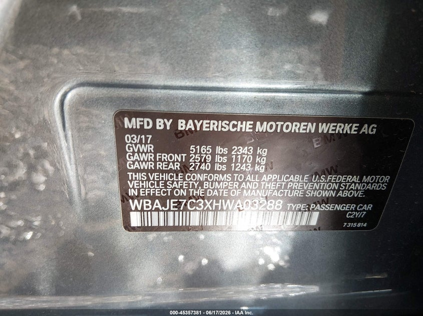 2017 BMW 5er VIN WBAJE7C3XHWA03288 IAAI salvage auction — REAR END, Salvage (Ohio), sold $9,700 on 2026-07-15 (photo 9)