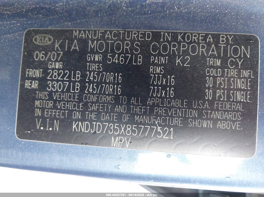 2008 Kia Sorento VIN KNDJD735X85777521 IAAI salvage auction — RIGHT FRONT, Salvage (North Carolina), sold $525 on 2026-07-08 (photo 9)
