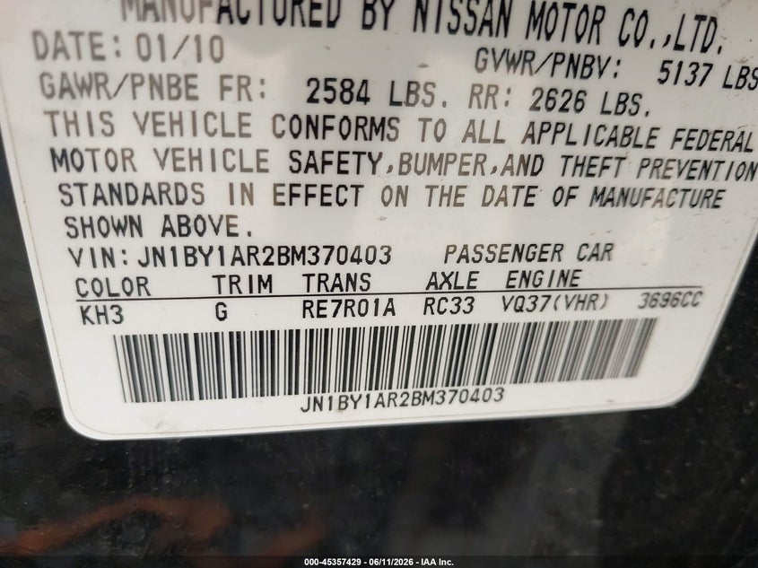 2011 Infiniti M VIN JN1BY1AR2BM370403 IAAI salvage auction — NORMAL WEAR, Certificate Of Origin (West Virginia), sold $300 on 2026-07-13 (photo 9)