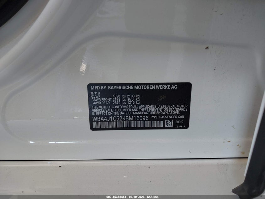 2019 BMW 4er VIN WBA4J1C52KBM16096 IAAI salvage auction — SIDE, Salvage Title, sold $8,700 on 2026-08-19 (photo 9)