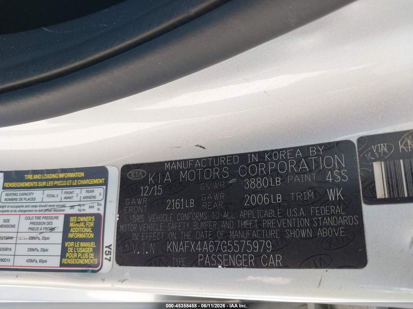 2016 Kia Forte VIN KNAFX4A67G5575979 IAAI salvage auction — FRONT END, Rebuildable (Florida), sold $1,200 on 2026-07-09 (photo 9)