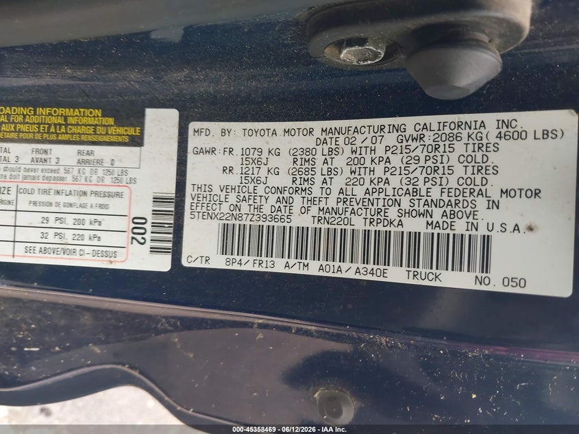 2007 Toyota Tacoma VIN 5TENX22N87Z393665 IAAI salvage auction — REAR END, Clear (Tennessee), sold $2,650 on 2026-07-14 (photo 9)