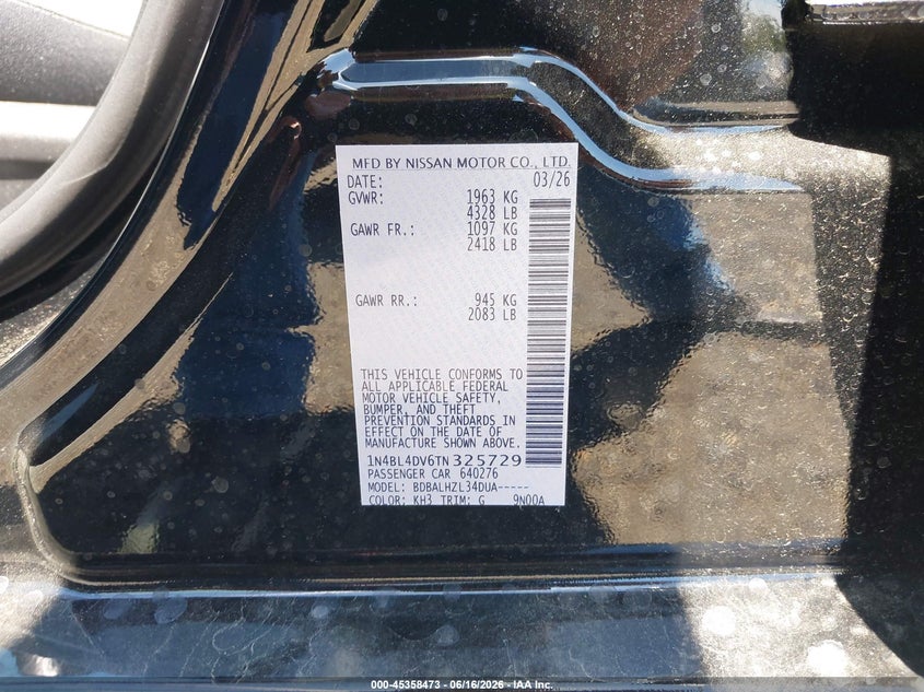 2026 Nissan Altima VIN 1N4BL4DV6TN325729 IAAI salvage auction — LEFT SIDE, Sf97 (Maryland), sold $6,100 on 2026-07-21 (photo 9)