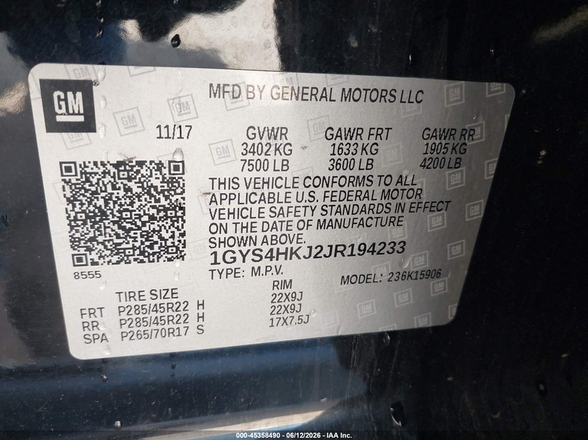 2018 Cadillac Escalade VIN 1GYS4HKJ2JR194233 IAAI salvage auction — FRONT END, Clear (Indiana), sold $7,800 on 2026-07-18 (photo 9)