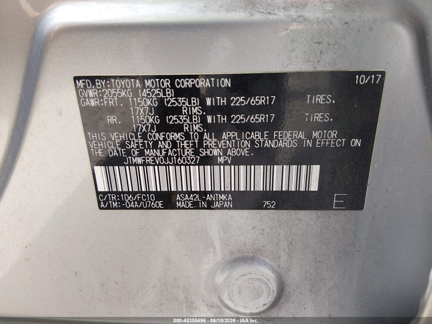 2018 Toyota Rav 4 VIN JTMWFREV0JJ160327 IAAI salvage auction — FRONT & REAR, Salvage (Louisiana), sold $4,100 on 2026-07-07 (photo 9)