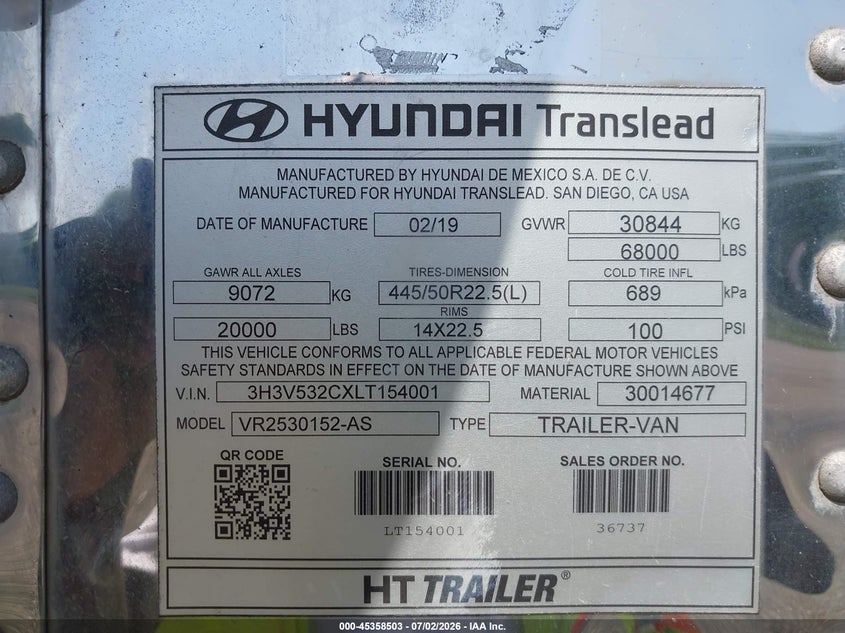 2020 Hyundai translead inc Unknown VIN 3H3V532CXLT154001 IAAI salvage auction — ROOF, Salvage - Greater Than 75% (Maryland), sold $10,600 on 2026-08-05 (photo 9)