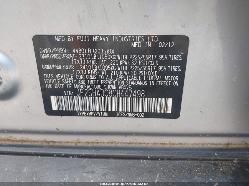 2012 Subaru Forester VIN JF2SHADC8CH447498 IAAI salvage auction — NORMAL WEAR, Clear (New York), sold $300 on 2026-07-21 (photo 9)