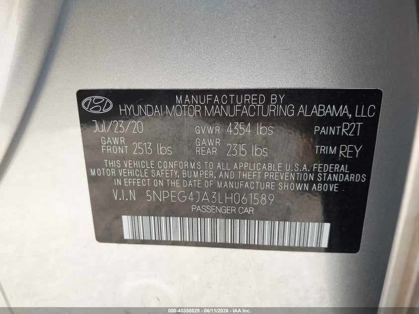 2020 Hyundai Sonata VIN 5NPEG4JA3LH061589 IAAI salvage auction — FRONT & REAR, Certificate Of Destruction (Florida), sold $1,350 on 2026-07-21 (photo 9)