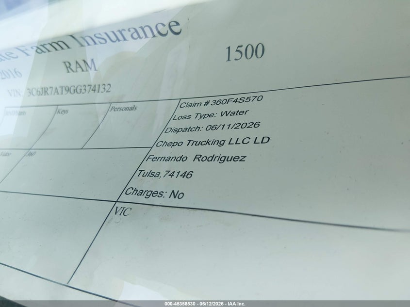 2016 Ram 1500 VIN 3C6JR7AT9GG374132 IAAI salvage auction — WATER/FLOOD, Clear (Oklahoma), sold $525 on 2026-10-03 (photo 6)