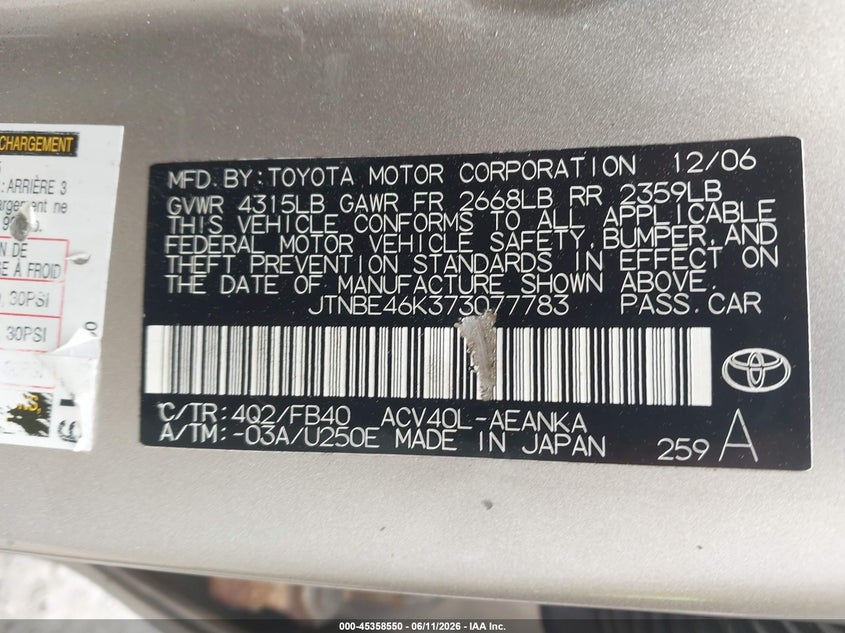 2007 Toyota Camry VIN JTNBE46K373077783 IAAI salvage auction — NORMAL WEAR, Clear (New Jersey), sold $750 on 2026-07-09 (photo 9)