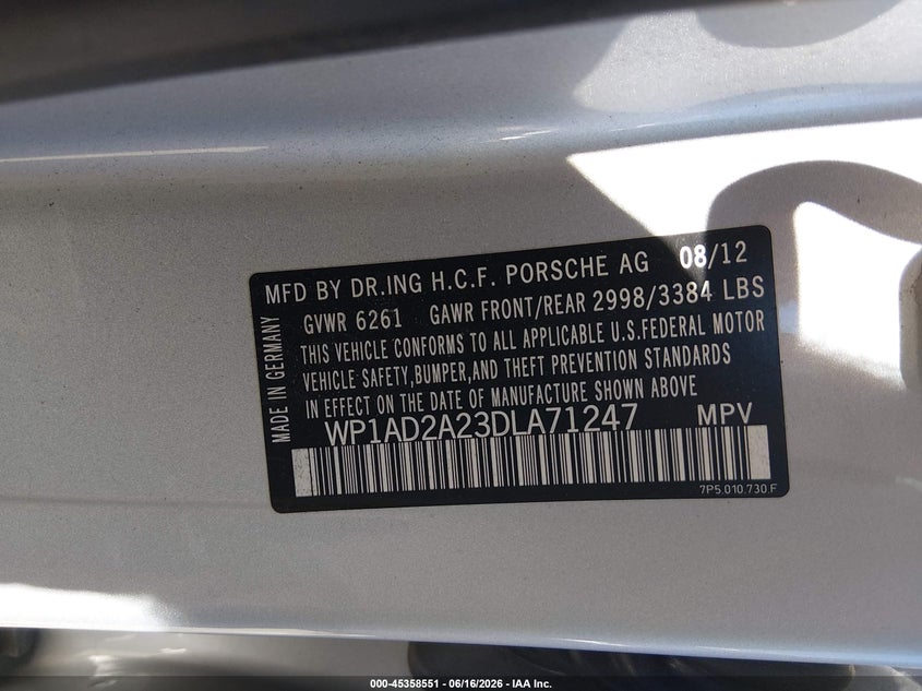 2013 Porsche Cayenne VIN WP1AD2A23DLA71247 IAAI salvage auction — FRONT END, Salvage - Greater Than 75% (Maryland), sold $2,850 on 2026-07-09 (photo 9)