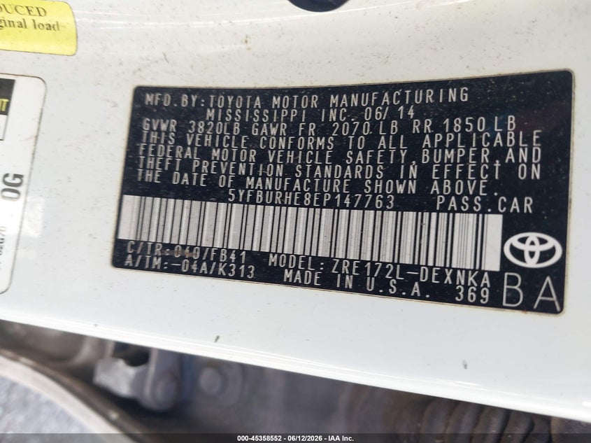 2014 Toyota Corolla VIN 5YFBURHE8EP147763 IAAI salvage auction — NORMAL WEAR, Permit To Sell (Louisiana), sold $1,450 on 2026-07-28 (photo 9)