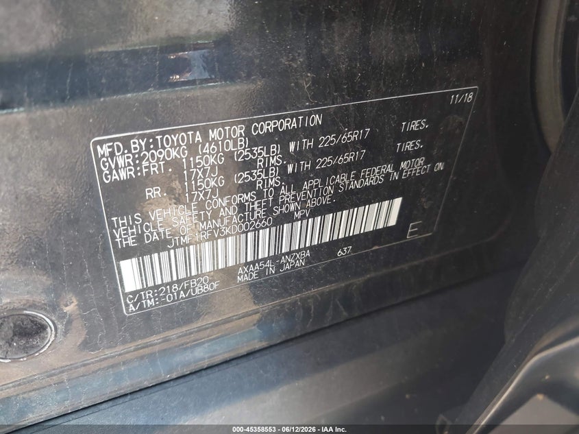 2019 Toyota Rav 4 VIN JTMF1RFV3KD002660 IAAI salvage auction — RIGHT REAR, Salvage (Pennsylvania), sold $7,650 on 2026-07-14 (photo 9)