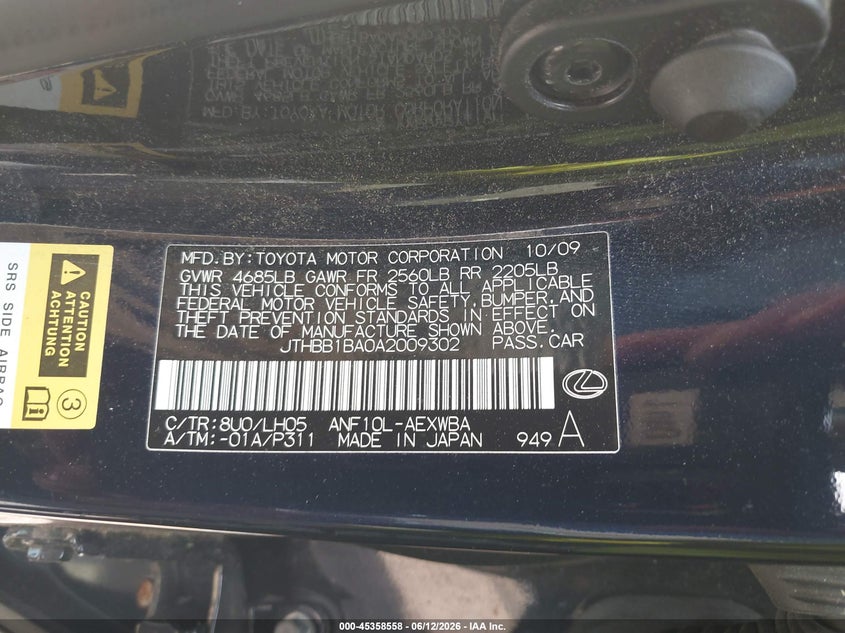 2010 Lexus Hs VIN JTHBB1BA0A2009302 IAAI salvage auction — SIDE, Salvage (Massachusetts), sold $475 on 2026-07-10 (photo 9)