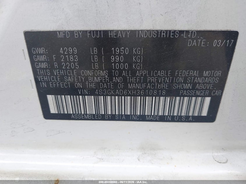 2017 Subaru Impreza VIN 4S3GKAD6XH3610818 IAAI salvage auction — FRONT & REAR, Mv-907A (New York), sold $1,350 on 2026-07-09 (photo 9)