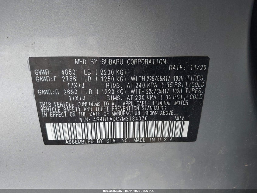 2021 Subaru Outback VIN 4S4BTADC7M3134076 IAAI salvage auction — FRONT END, Wait Title, sold $6,200 on 2026-08-01 (photo 9)