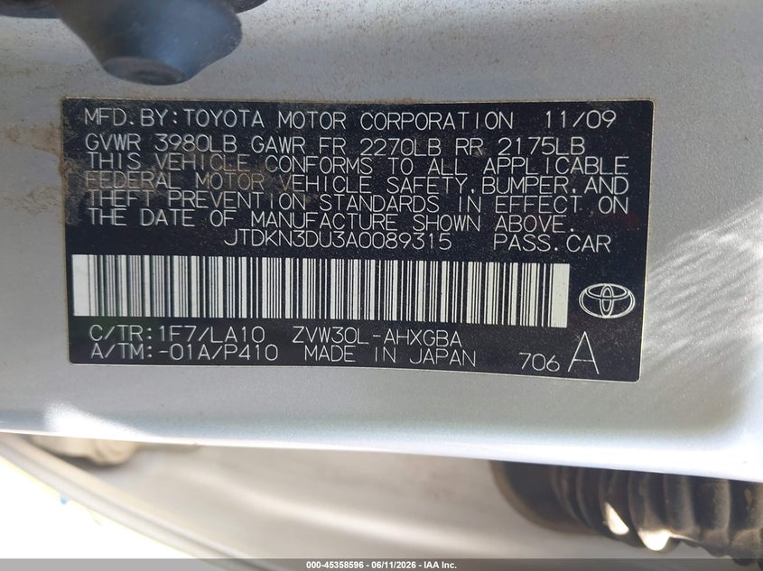2010 Toyota Prius VIN JTDKN3DU3A0089315 IAAI salvage auction — NORMAL WEAR, Clear-Dealer Only (Arizona), sold $325 on 2026-07-28 (photo 9)