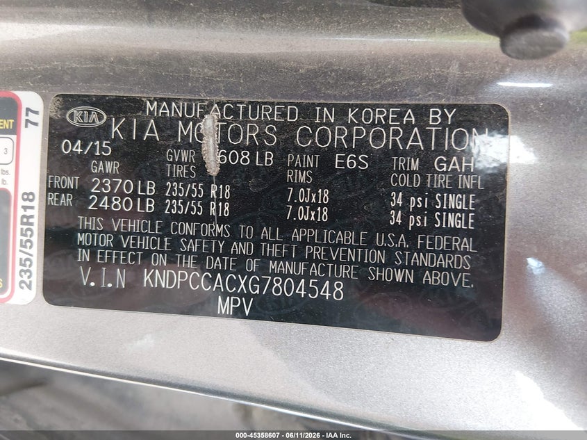 2016 Kia Sportage VIN KNDPCCACXG7804548 IAAI salvage auction — LEFT FRONT, Salvage (Kansas), sold $975 on 2026-07-24 (photo 9)