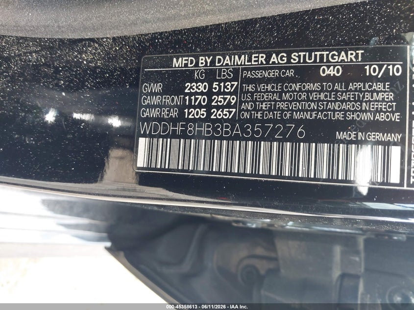 2011 Mercedes-benz E-klasse VIN WDDHF8HB3BA357276 IAAI salvage auction — FRONT END, Salvage (Georgia), sold $1,450 on 2026-08-03 (photo 9)