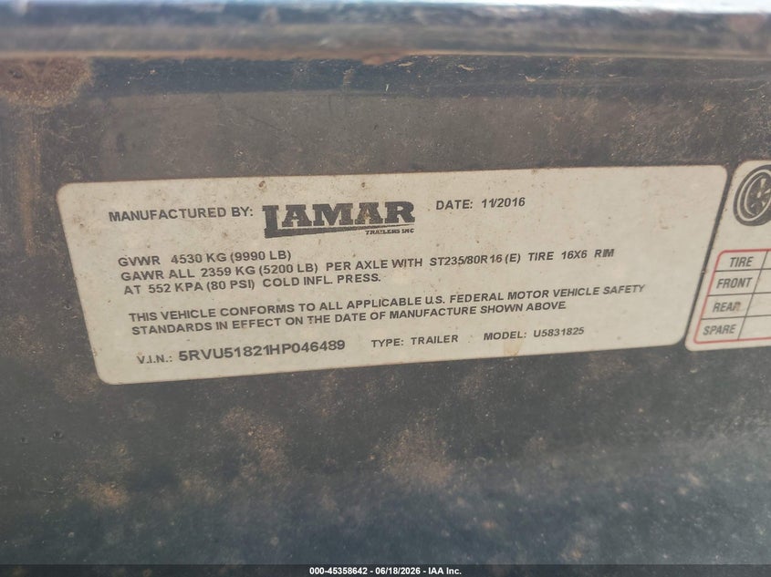 2017 Lamar Utility trailer VIN 5RVU51821HP046489 IAAI salvage auction — SIDE, Salvage (Texas), sold $1,300 on 2026-07-16 (photo 9)