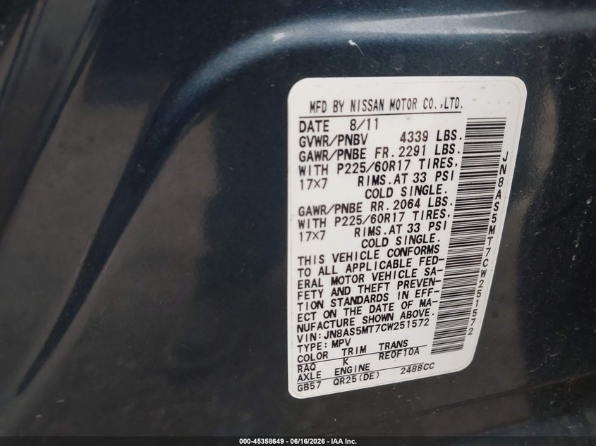 2012 Nissan Rogue VIN JN8AS5MT7CW251572 IAAI salvage auction — REPOSSESSION, Nrc Lienholder Repossession Paperwork (Texas), sold $1,500 on 2026-07-06 (photo 9)