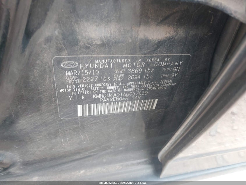 2010 Hyundai Elantra VIN KMHDU4AD1AU037630 IAAI salvage auction — REAR END, Salvage (Texas), sold $25 on 2026-07-09 (photo 9)