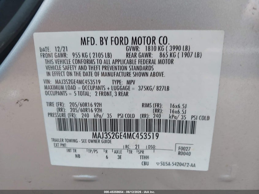 2021 Ford Ecosport VIN MAJ3S2GE4MC453519 IAAI salvage auction — FRONT END, Salvage (Alabama), sold $350 on 2026-07-22 (photo 9)