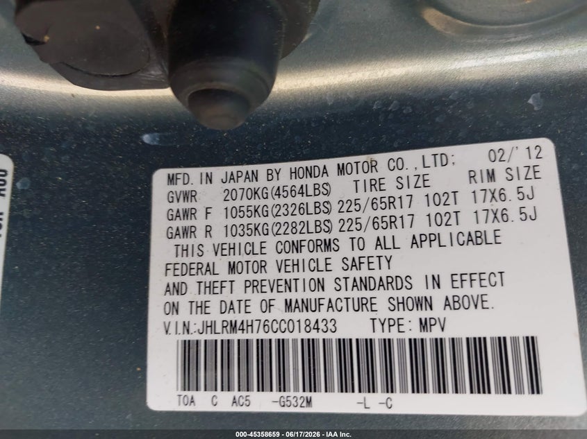 2012 Honda Cr-v VIN JHLRM4H76CC018433 IAAI salvage auction — FRONT END, Salvage (Tennessee), sold $1,775 on 2026-07-15 (photo 9)