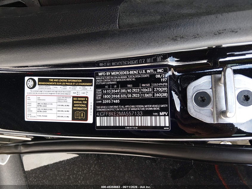 2021 Mercedes-benz VIN 4JGFF8KE2MA557133 IAAI salvage auction — REAR END, Salvage Title, sold $34,750 on 2026-07-20 (photo 9)