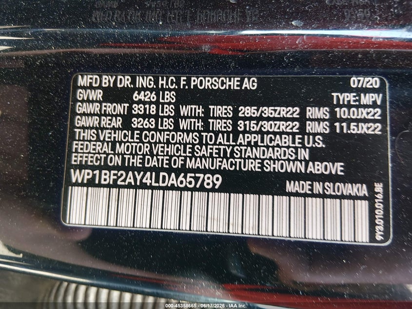 2020 Porsche Cayenne coupe VIN WP1BF2AY4LDA65789 IAAI salvage auction — FRONT END, Salvage (Massachusetts), sold $13,750 on 2026-09-11 (photo 9)