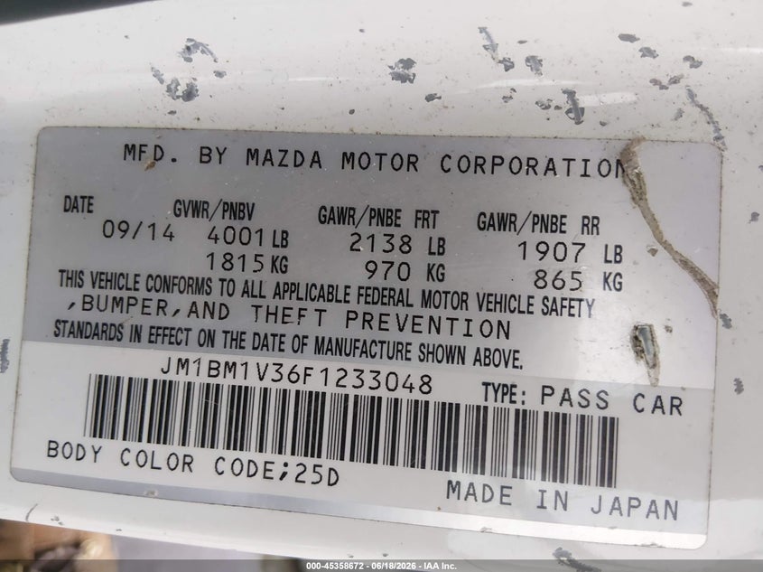 2015 Mazda 3 VIN JM1BM1V36F1233048 IAAI salvage auction — FRONT END, Salvage (Louisiana), sold $1,450 on 2026-07-13 (photo 9)