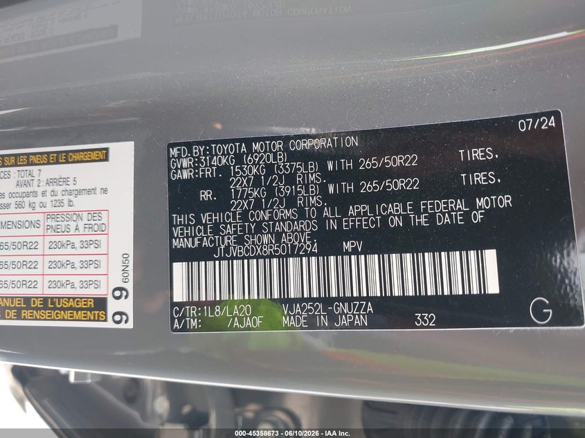 2024 Lexus Gx VIN JTJVBCDX8R5017294 IAAI salvage auction — FRONT END, Salvage Title, sold $28,250 on 2026-07-30 (photo 9)