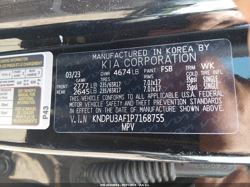 2023 Kia Sportage VIN KNDPU3AF1P7168755 IAAI salvage auction — FRONT END, Salvage (Tennessee), sold $6,050 on 2026-07-22 (photo 9)