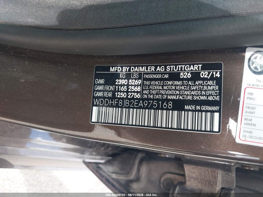 2014 Mercedes-benz E-klasse VIN WDDHF8JB2EA975168 IAAI salvage auction — ENGINE BURN, Salvage (Texas), sold $2,200 on 2026-07-31 (photo 9)