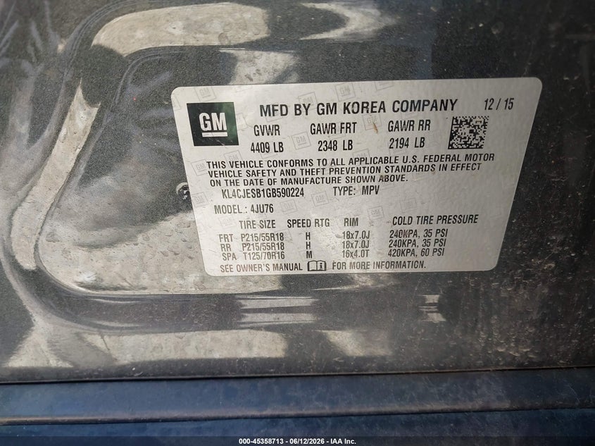 2016 Buick Encore VIN KL4CJESB1GB590224 IAAI salvage auction — REAR END, Salvage (Texas), sold $25 on 2026-07-28 (photo 9)