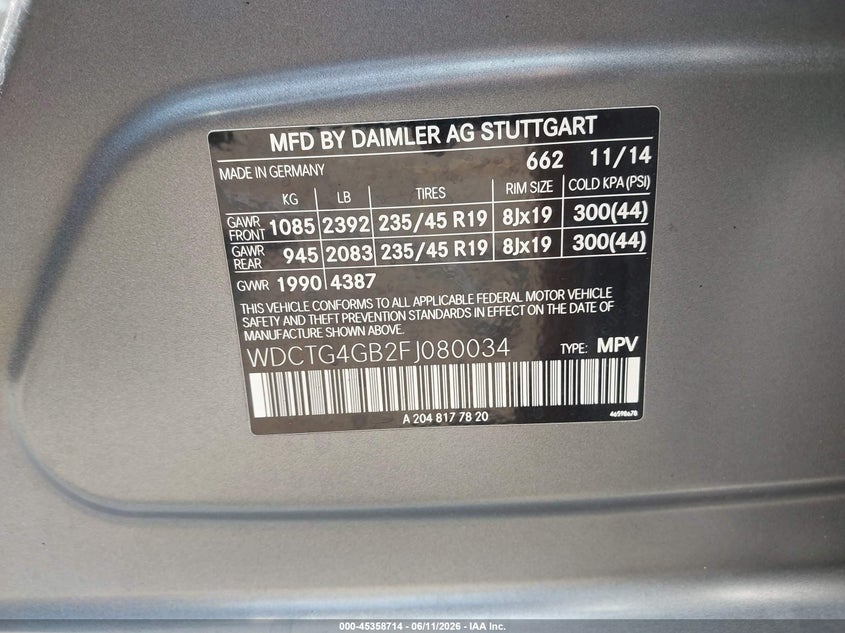 2015 Mercedes-benz VIN WDCTG4GB2FJ080034 IAAI salvage auction — ENGINE BURN, Clear (Indiana), sold $50 on 2026-07-22 (photo 9)