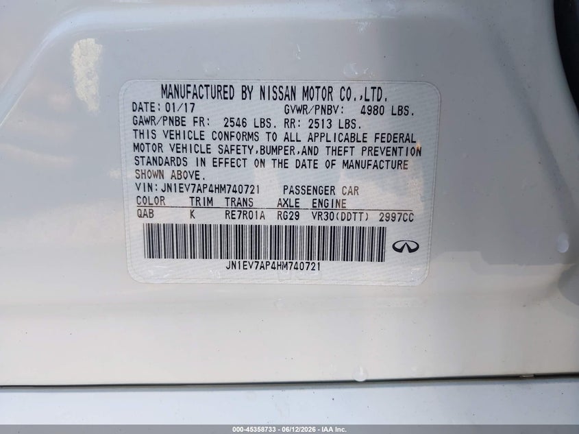 2017 Infiniti Q50 VIN JN1EV7AP4HM740721 IAAI salvage auction — THEFT, Clear (Missouri), sold $1,650 on 2026-07-11 (photo 9)