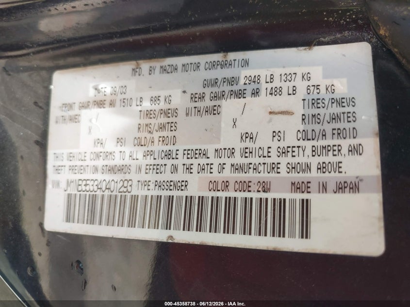 2004 Mazda Mx-5 miata VIN JM1NB353340401293 IAAI salvage auction — REAR END, Salvage (Alabama), sold $800 on 2026-07-09 (photo 9)
