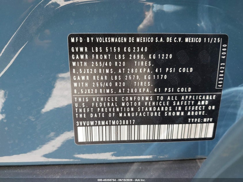 2026 Volkswagen Tiguan VIN 3VVUW7RM4TM038817 IAAI salvage auction — SIDE, Mv-907A (New York), sold $17,700 on 2026-07-09 (photo 9)