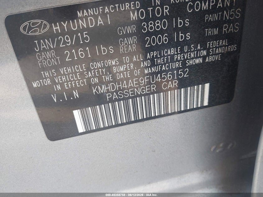 2015 Hyundai Elantra VIN KMHDH4AE9FU456152 IAAI salvage auction — LEFT FRONT, Salvage (Idaho), sold $925 on 2026-07-15 (photo 9)