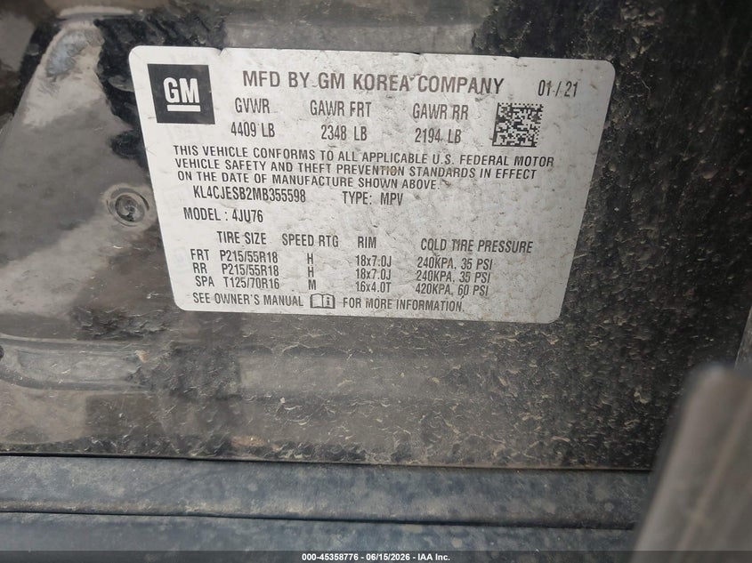 2021 Buick Encore VIN KL4CJESB2MB355598 IAAI salvage auction — HAIL, Clear Claim Paid (Wisconsin), sold $1,350 on 2026-07-29 (photo 9)