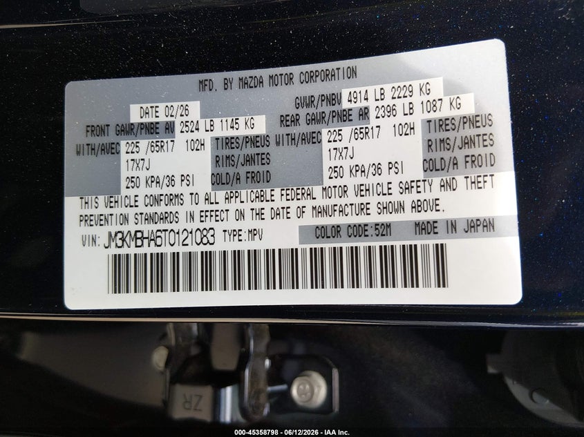 2026 Mazda Cx-5 VIN JM3KMBHA6T0121083 IAAI salvage auction — FRONT END, Salvage (Connecticut), sold $8,100 on 2026-07-30 (photo 9)