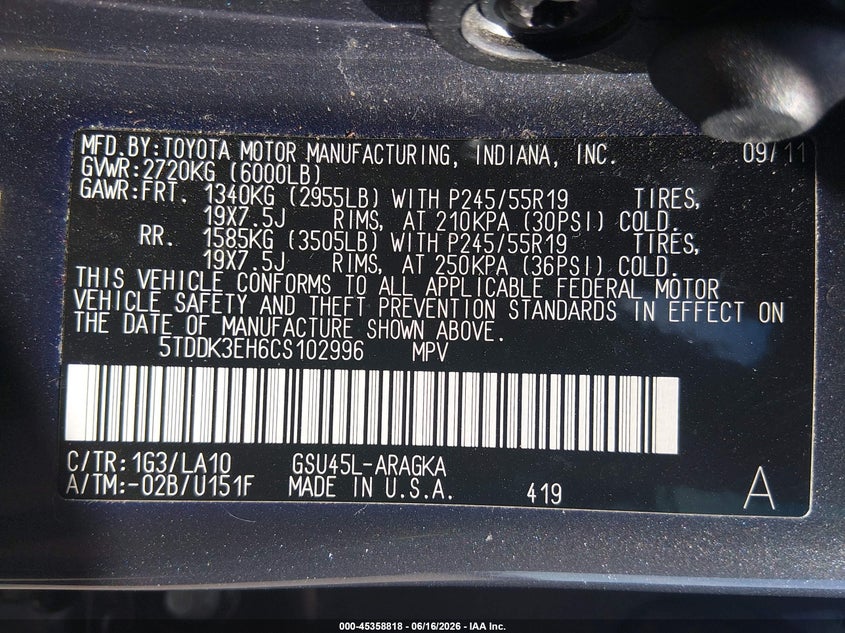 2012 Toyota Highlander VIN 5TDDK3EH6CS102996 IAAI salvage auction — SIDE, Clear (Arkansas), sold $6,700 on 2026-07-15 (photo 9)