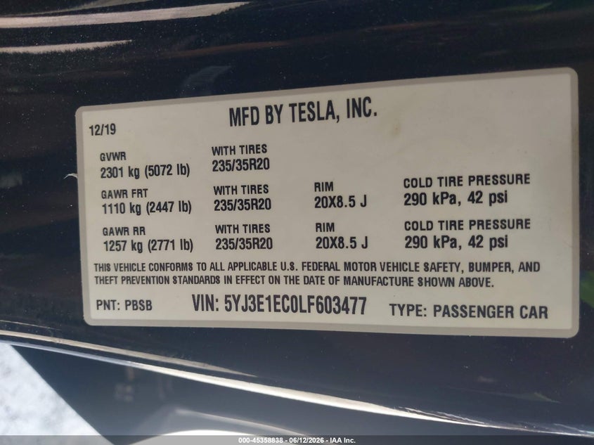 2020 Tesla Model 3 VIN 5YJ3E1EC0LF603477 IAAI salvage auction — REAR END, Salvage (Georgia), sold $75 on 2026-07-30 (photo 9)