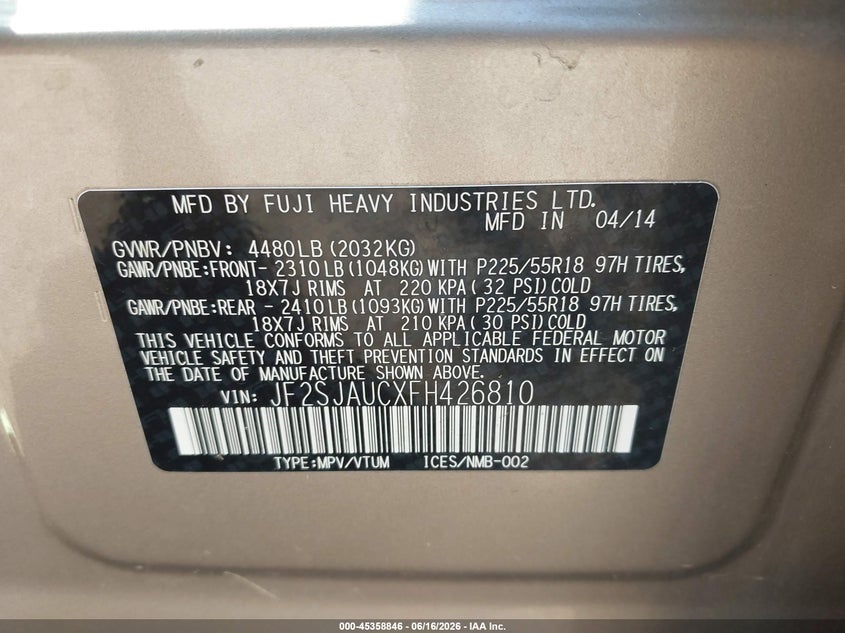 2015 Subaru Forester VIN JF2SJAUCXFH426810 IAAI salvage auction — FRONT END, Salvage (Ohio), sold $1,700 on 2026-07-13 (photo 9)
