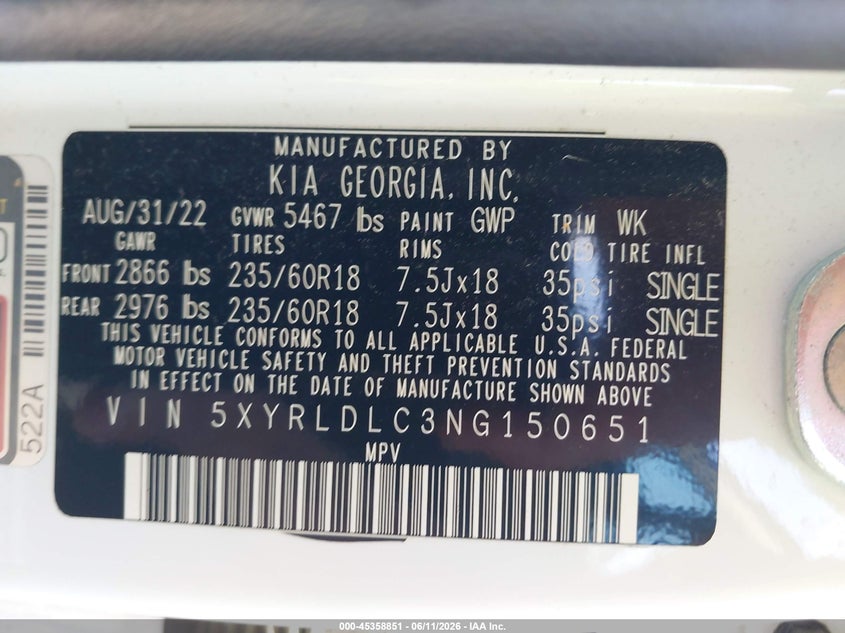 2022 Kia Sorento VIN 5XYRLDLC3NG150651 IAAI salvage auction — RIGHT FRONT, Salvage Title, sold $8,800 on 2026-07-24 (photo 9)